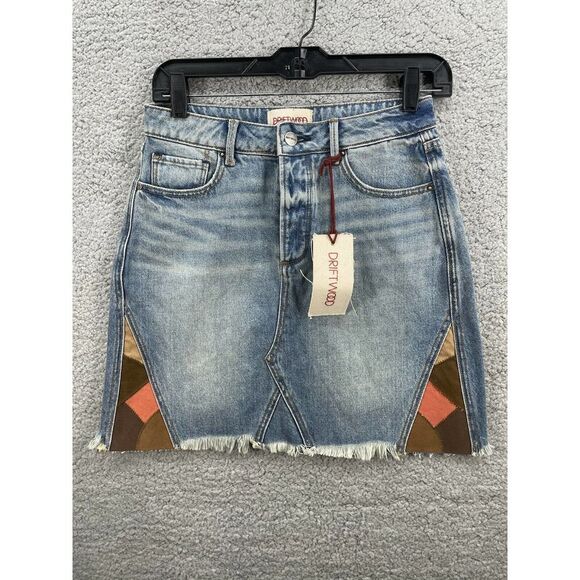 Driftwood Steff Suede Patch Skirt Size 25 Denim Jeans Skirt New - Picture 1 of 6